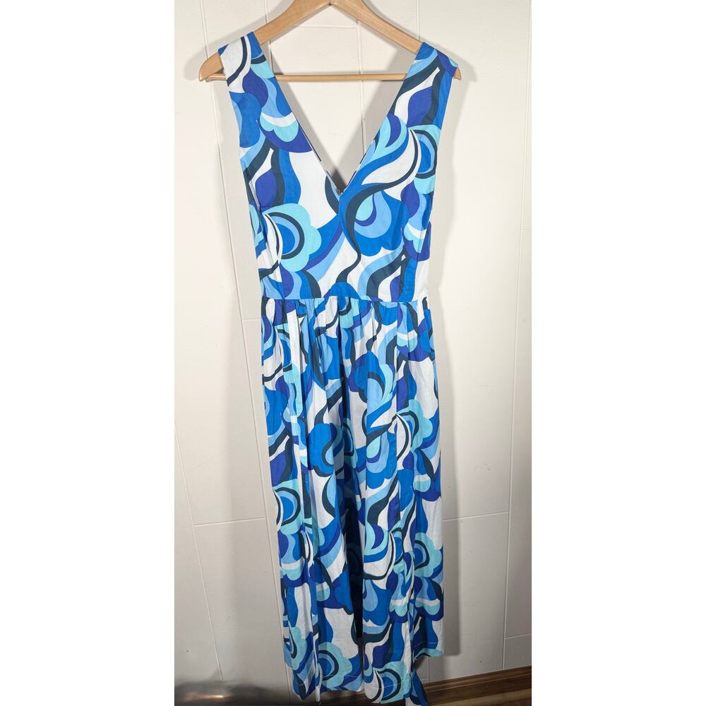 Boden Blue Abstract V-Neck Belted Midi Dress Fit & Flare‎ Sleeveless Size 14R - Picture 6 of 12